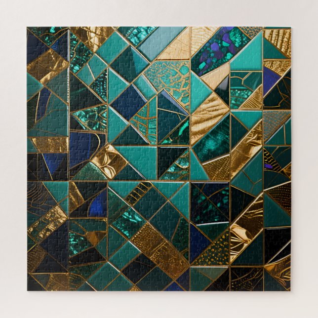 Luxury Teal Gold Geometric Mosaic Pattern Jigsaw Puzzle (Vertical)