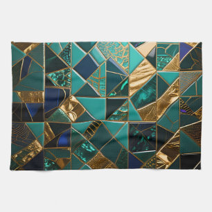 Luxury Teal Gold Geometric Mosaic Pattern Kitchen Towel