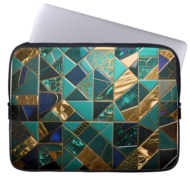 Luxury Teal Gold Geometric Mosaic Pattern Laptop Sleeve (Front)