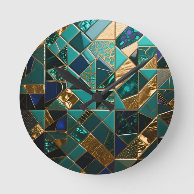 Luxury Teal Gold Geometric Mosaic Pattern Round Clock (Front)