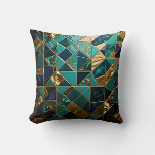 Luxury Teal Gold Geometric Mosaic Pattern Throw Pillow