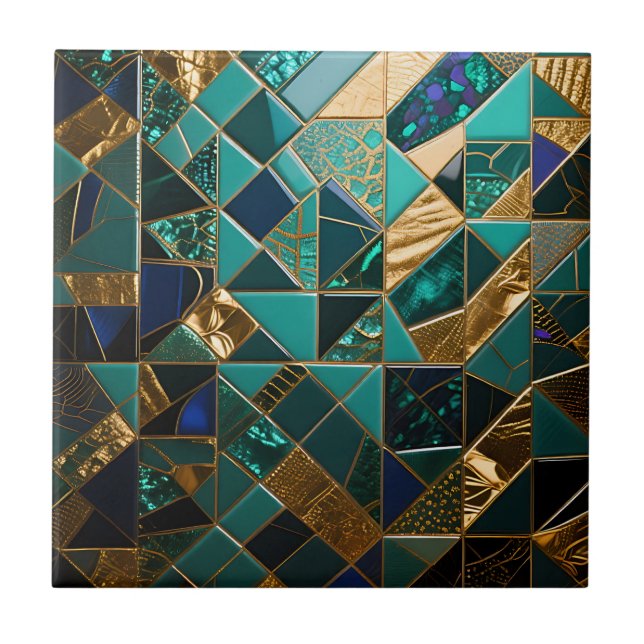 Luxury Teal Gold Geometric Mosaic Pattern Tile (Front)