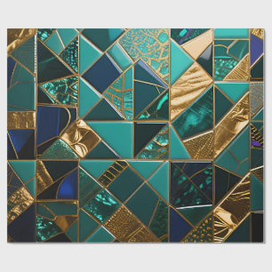 Luxury Teal Gold Geometric Mosaic Pattern Wrapping Paper