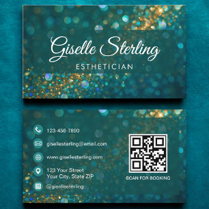 Luxury Teal Gold Glitter Esthetician QR Code Business Card