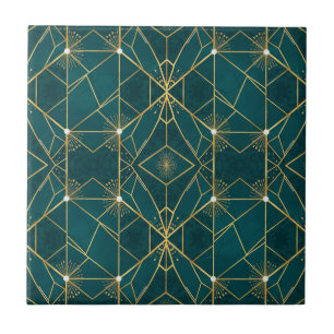Luxury Teal & Gold Symmetrical Geometric Seamless  Tile