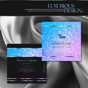 Luxury Teal Purple Glitter Luminous Stars and Logo Square Business Card