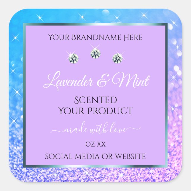 Luxury Teal Purple Glitter Product Labels Diamonds (Front)