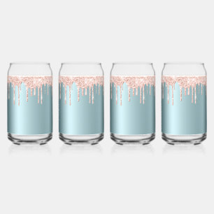 Luxury teal rose gold glitter drips Drinkware Set Can Glass