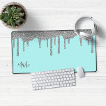 Luxury Teal Silver Sparkle Glitter Drips Monogram Desk Mat<br><div class="desc">Luxury Teal and Silver Sparkle Glitter Drips Monogram Mouse Pad Desk Mat with our trendy faux glitter drips in silver on a chic teal turquoise background. Please contact us at cedarandstring@gmail.com if you need assistance with the design or matching products.</div>