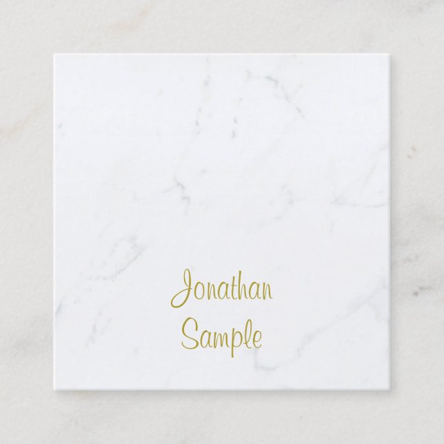 Luxury Template Modern White Marble Gold Script Square Business Card (Front)