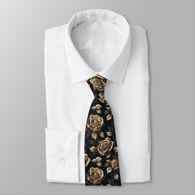 Luxury tie with golden roses on a black background (Tied)
