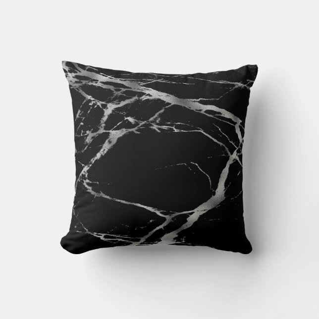 Luxury Trendy Silver Black Marble Cotton Throw Pillow (Front)