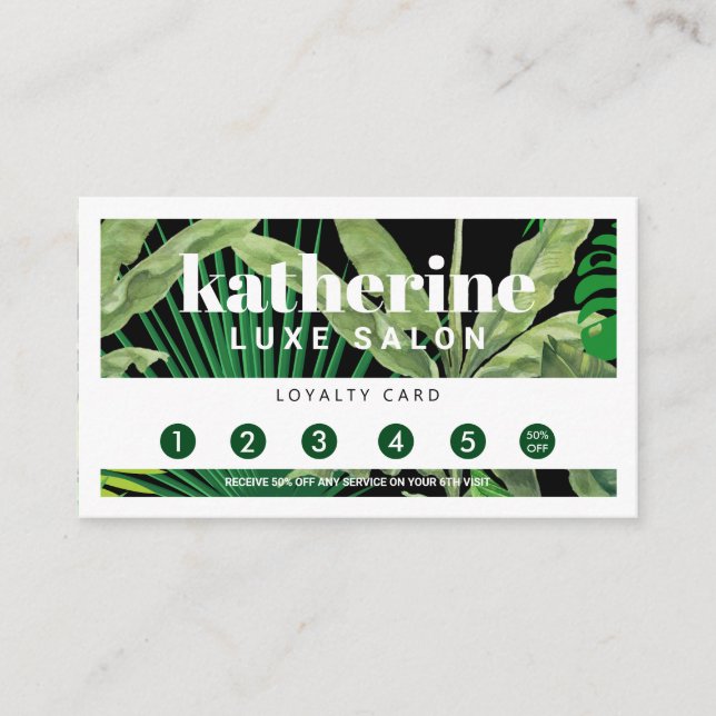 Luxury Tropical Modern Boutique & Salon Black Loyalty Card (Front)