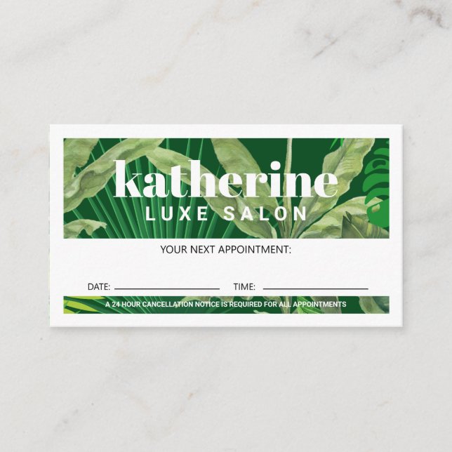 Luxury Tropical Modern Boutique & Salon Green Appointment Card (Front)