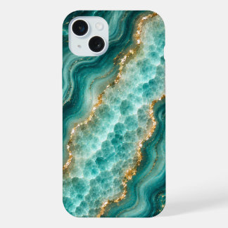 Luxury Turquoise Agate Marble with Gold Veins iPhone 15 Plus Case