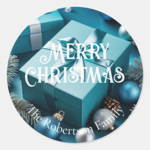 Luxury Turquoise Blue Green Silver Christmas Gifts Classic Round Sticker