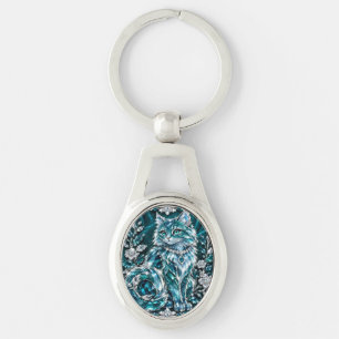 Luxury Turquoise Crystal Cat   Silver Frame Keychain