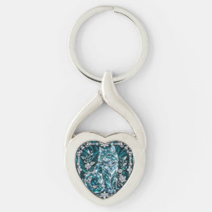 Luxury Turquoise Crystal Cat Silver Frame Keychain