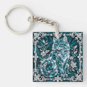 Luxury Turquoise Crystal Cat Silver Frame Keychain