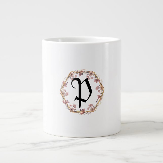 Luxury Turquoise floral gradient monogram name Large Coffee Mug (Front)