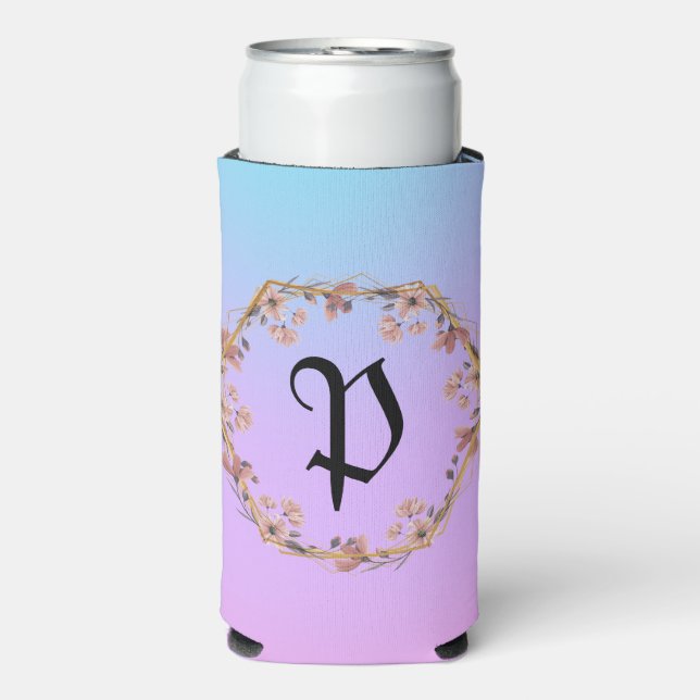 Luxury Turquoise floral gradient monogram name Seltzer Can Cooler (Seltzer Front)