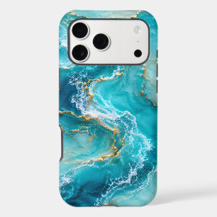 Luxury Turquoise Ocean Marble with Gold Foil Waves