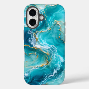 Luxury Turquoise Ocean Marble with Gold Foil Waves iPhone 16 Case