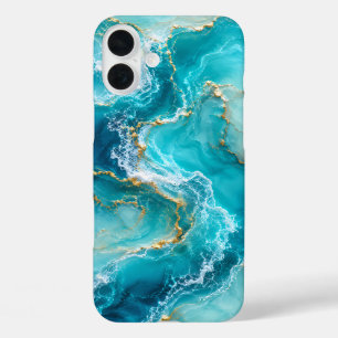 Luxury Turquoise Ocean Marble with Gold Foil Waves iPhone 16 Plus Case
