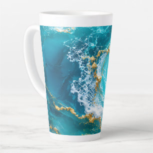 Luxury Turquoise Ocean Marble with Gold Foil Waves Latte Mug