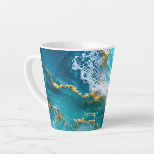 Luxury Turquoise Ocean Marble with Gold Foil Waves Latte Mug