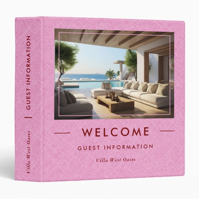 Luxury Vacation Welcome Informations Pink Linen Binder (Front/Spine)