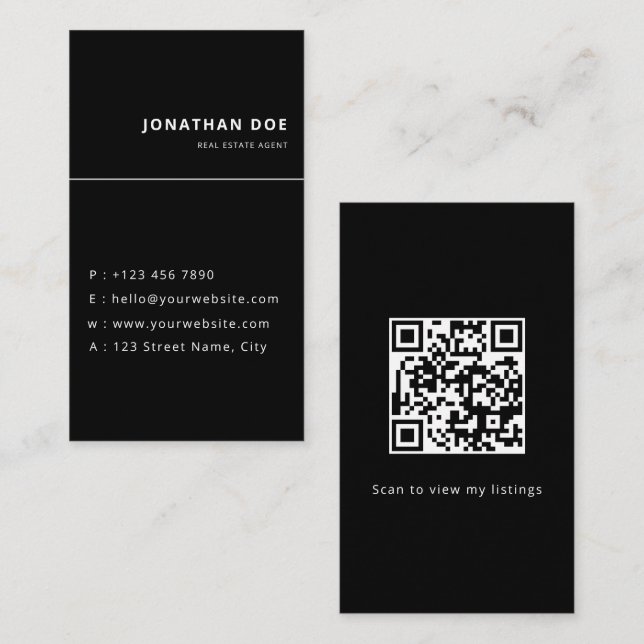 Luxury Vertical Black QR Code Realtor  Business Card (Front/Back)
