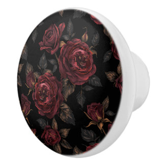 Luxury Vintage Botanical Black Rich Burgundy Roses Ceramic Knob