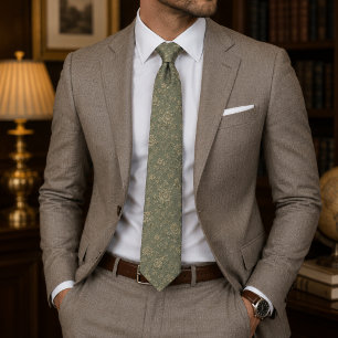 Luxury Vintage Botanical Sage Green Floral Toile Tie