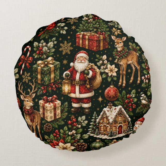 Luxury Vintage Christmas Holiday Pattern Round Pillow (Back)