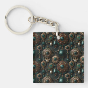 Luxury Vintage Emerald and Pearl Jewellery Pattern Keychain