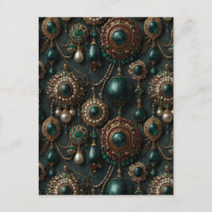Luxury Vintage Emerald and Pearl Jewellery Pattern Postcard