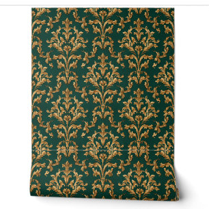 Luxury Vintage French Baroque Emerald Green Gold Wallpaper