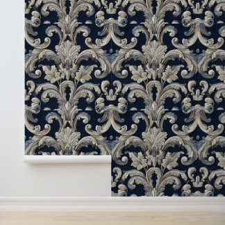 Luxury Vintage French Baroque Navy Blue Ivory Wallpaper