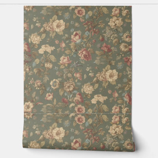 Luxury Vintage Victorian Floral Beige Olive Green  Wallpaper