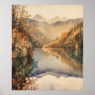 Luxury Watercolor Autumn Mountain Lake Poster