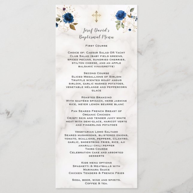 Luxury Watercolor Navy Blue Gold Floral Baptism Menu (Front)