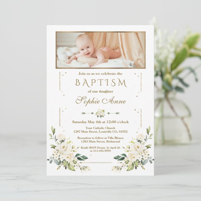 Luxury Watercolor White Floral Gold Photo Baptism  Invitation (Standing Front)