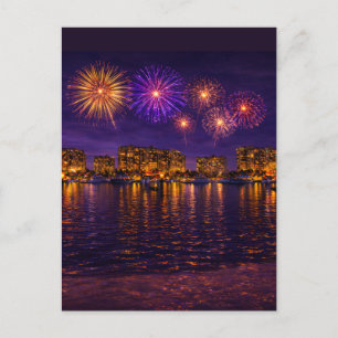 Luxury Waterfront Fireworks Night Canvas Wall Art Postcard