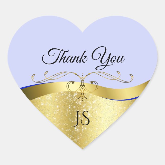 Luxury Wavy Gold Decor on Light Blue Thank You Heart Sticker (Front)
