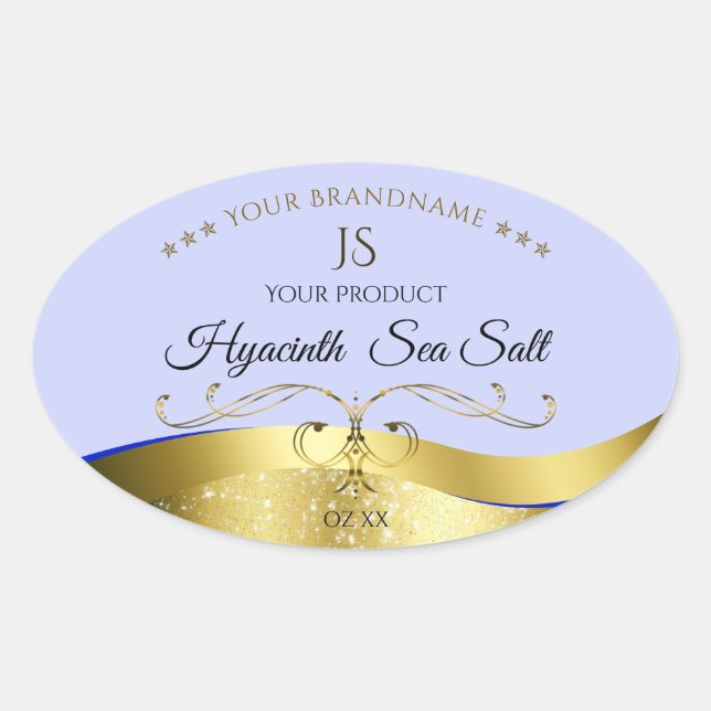 Luxury Wavy Gold Light Blue Monogram Product Label (Front)