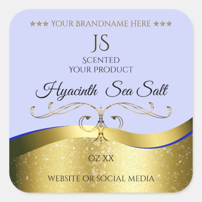 Luxury Wavy Gold Light Blue Monogram Product Label (Front)