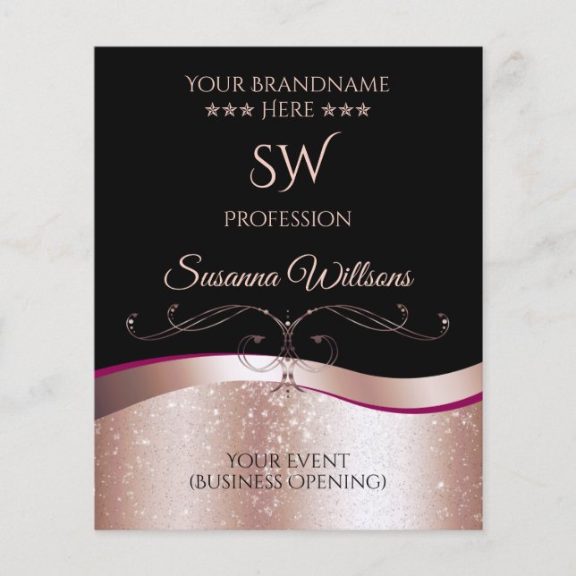 Luxury Wavy Rose Gold Decor Black Monogram Flyer (Front)