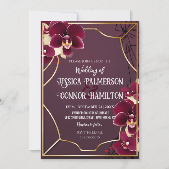 Luxury Wedding Burgundy Orchid Blooms Golden Frame Invitation (Front)