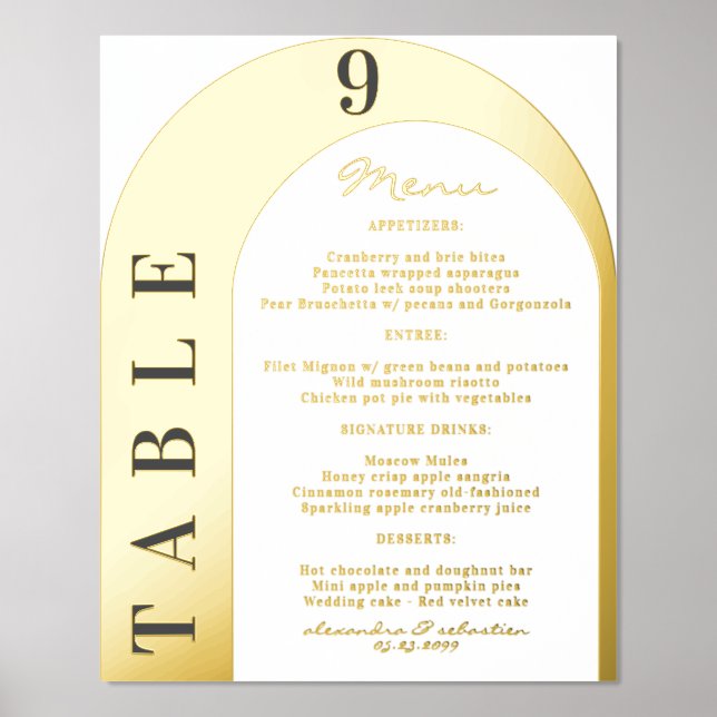 Luxury Wedding Menu and Table Number Gold Silver Foil Prints (Front)